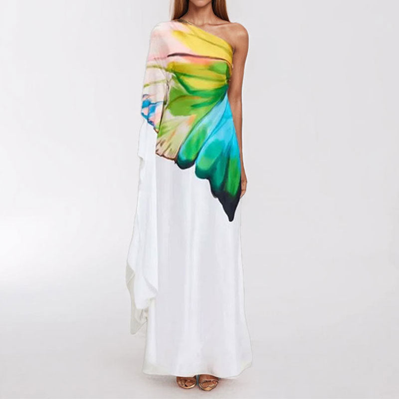 Damen Maxikleid Asymmetrisch Künstlerdruck Norvielle