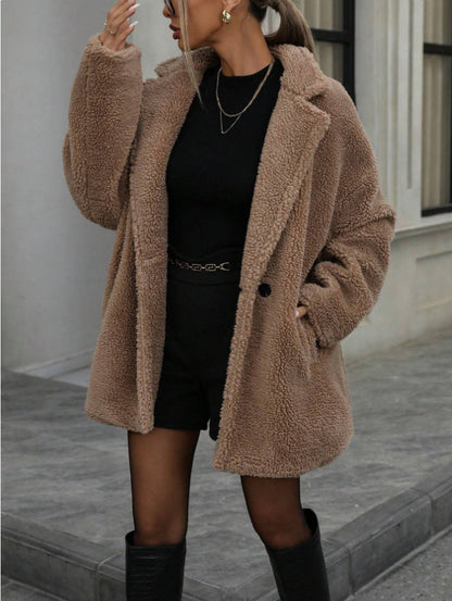 Damen Teddyjacke Kuscheljacke aus Plüsch Beige