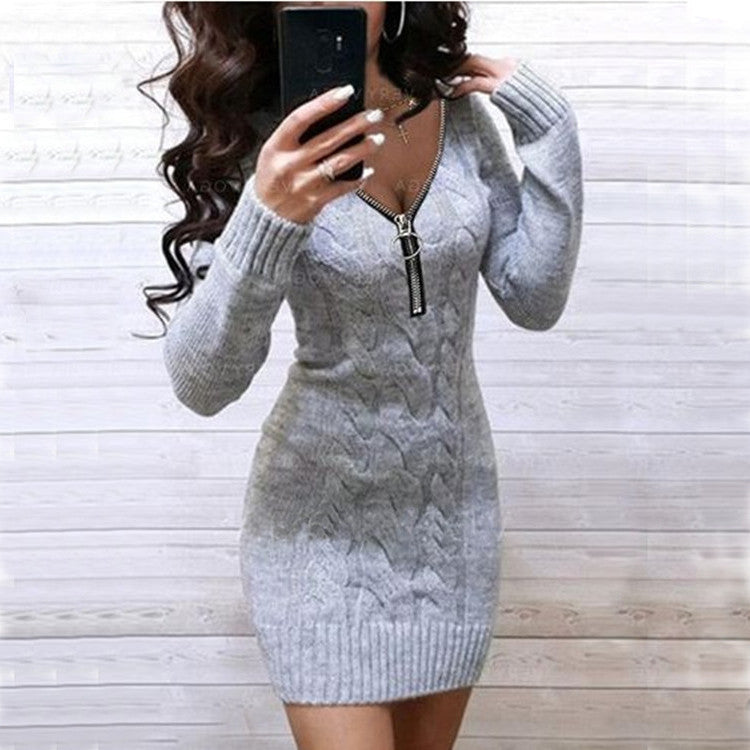 Damen Strickkleid Reißverschluss Raffiniertes Muster Norvielle