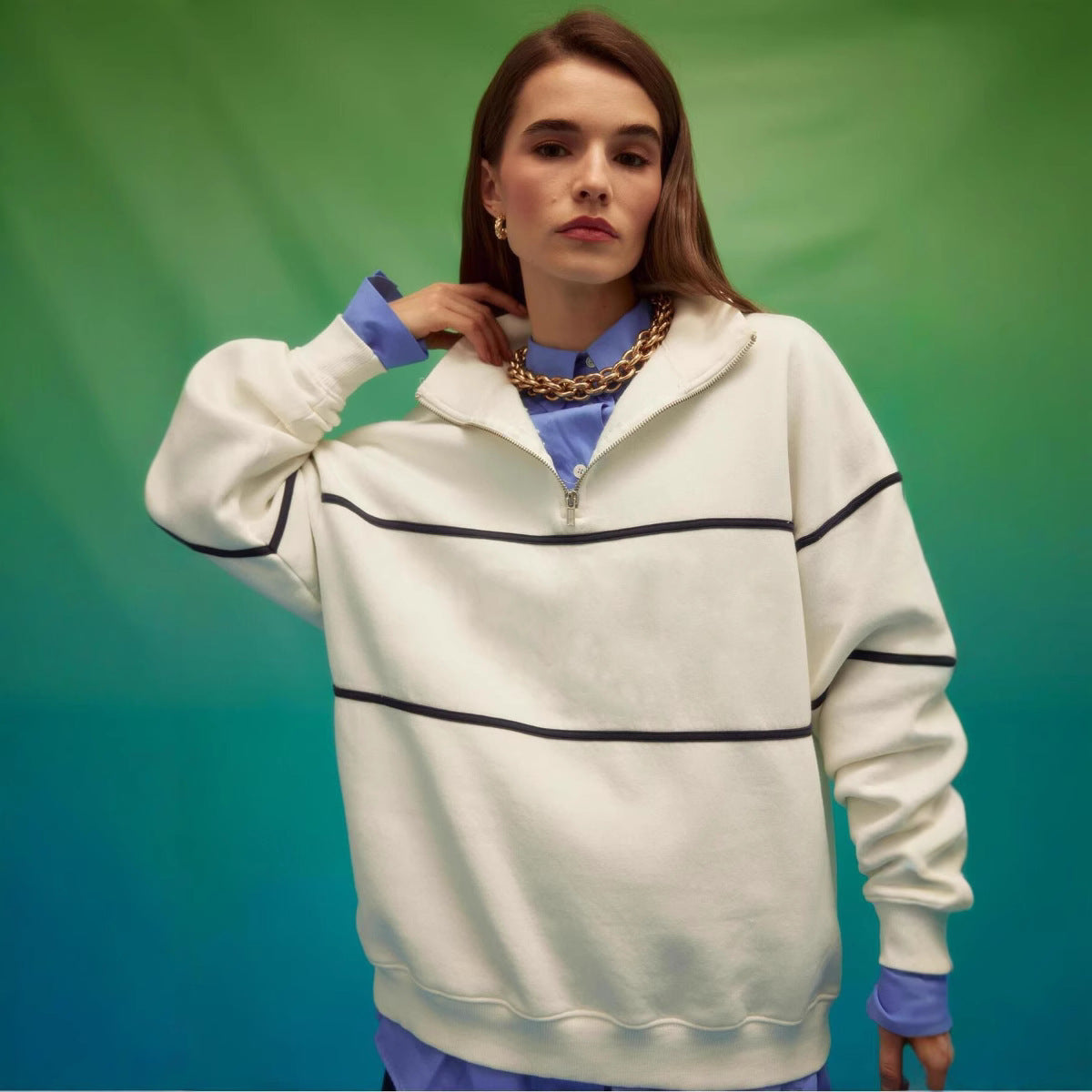 Damen Oversized Kapuzenpullover Streifenmuster Reißverschluss