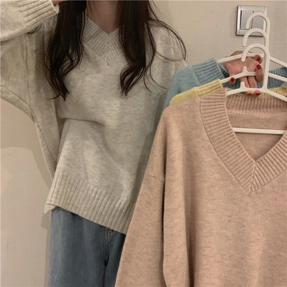 Damen Pullover Weich Wolle V-Ausschnitt Beige