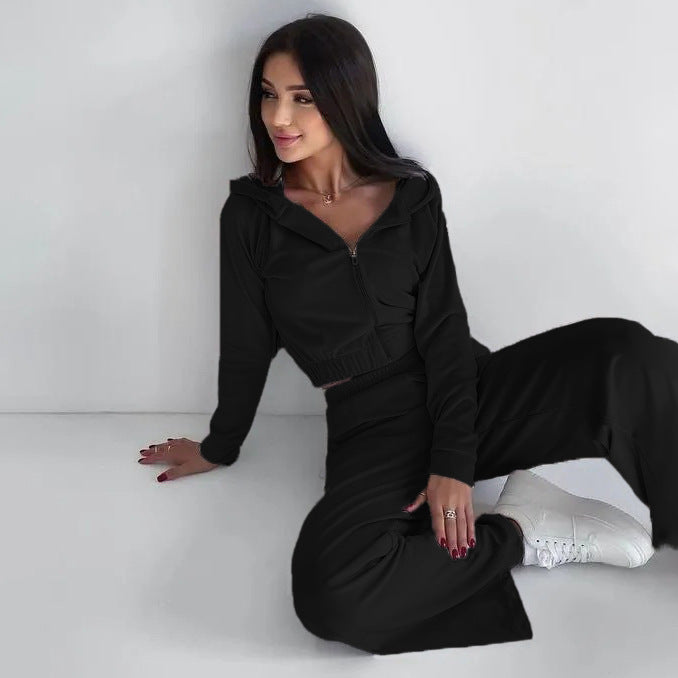 Damen Velours-Loungewear-Set mit Cropped-Jacke und Hosen