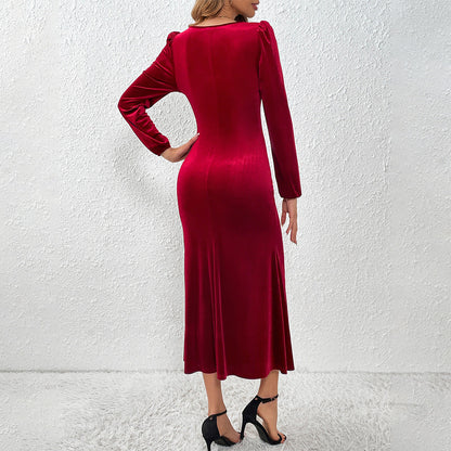 Damen Samt Midikleid Langarm Herzförmiger Ausschnitt Norvielle