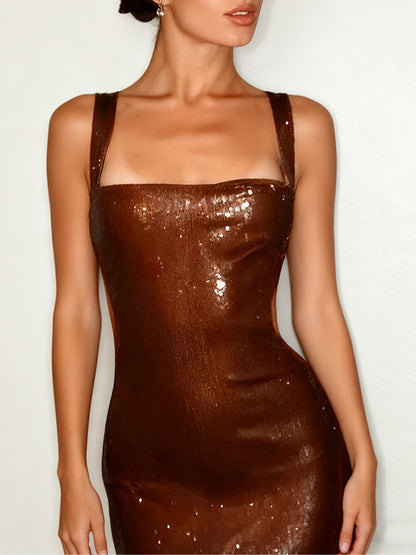 Damen Pailletten-Abendkleid Lange Robe Tiefes Dekolleté