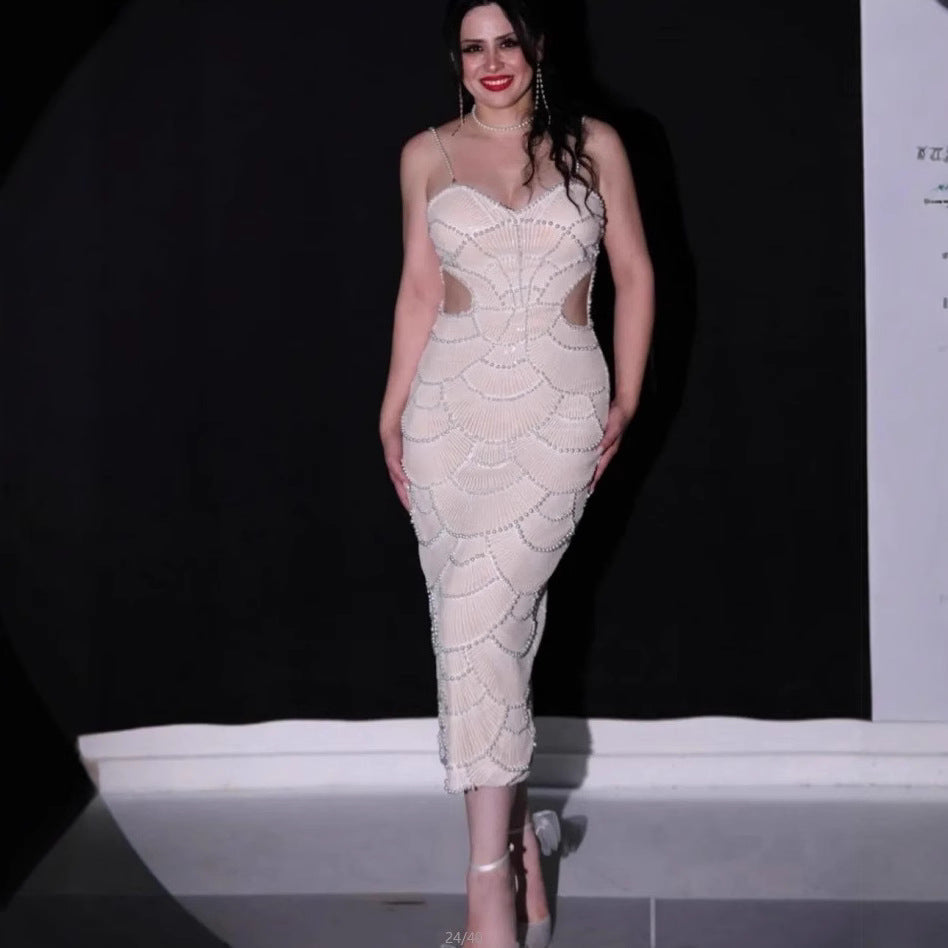 Damen Midi-Kleid Rücken Cut-Outs Wellendesign Norvielle