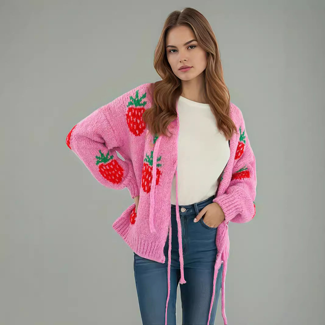 Damen Strickpullover Erdbeermotiv Ballonärmel Rosa