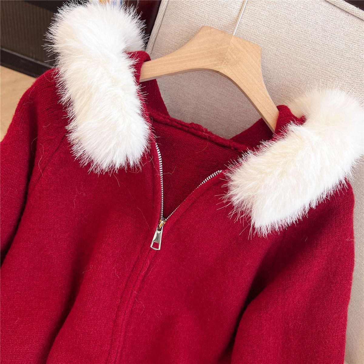 Damen Strickjacke Abnehmbarer Kunstfellkragen Beige
