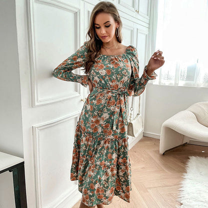 Damen Maxikleid Florale Rüschendetails Elegantes Bindeband Norvielle