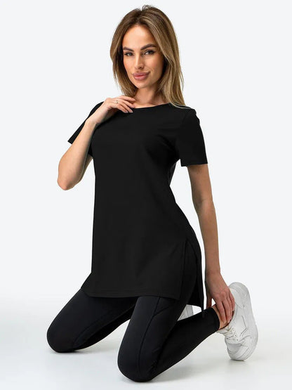 Damen Longline T-Shirt mit Schlitzen Hochwertig Bequem Weiß