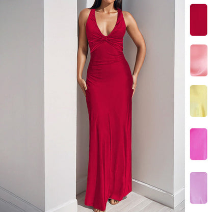 Damen Satinkleid Wickeldetail Elegant Schwarz - Norvielle