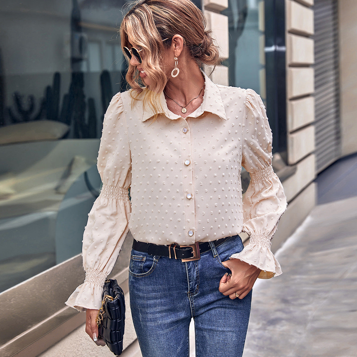 Damen Bluse Puffärmel Struktur Optik - Norvielle