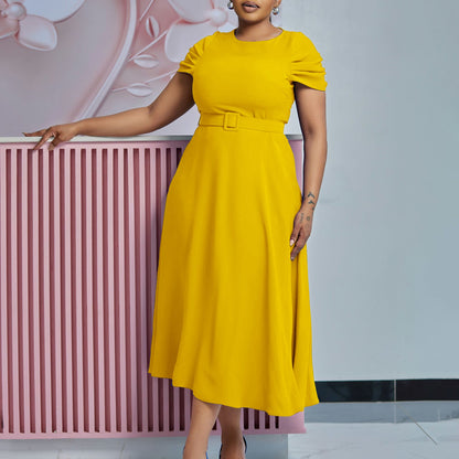 Damen Midi-Kleid Gummizug schmal Gürtel Norvielle