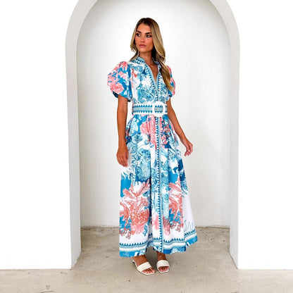 Damen Maxikleid mit Blumenmuster Voluminöse Ärmel Norvielle