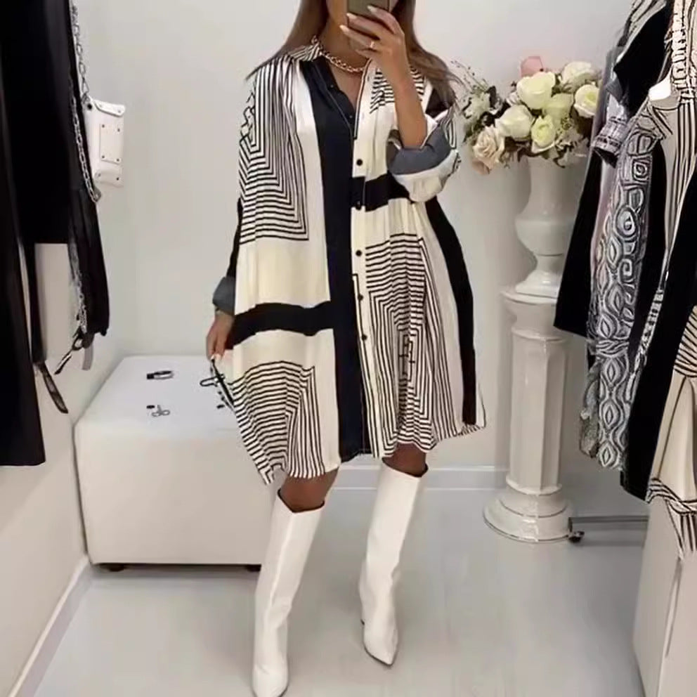 Damen Hemdblusenkleid mit grafischem Muster und Volumenärmeln