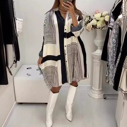 Damen Hemdblusenkleid mit grafischem Muster und Volumenärmeln