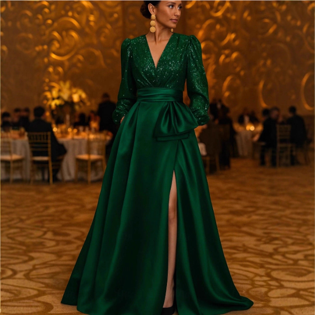 Damen Abendkleid mit V-Ausschnitt und Schlitz schimmernd - Norvielle