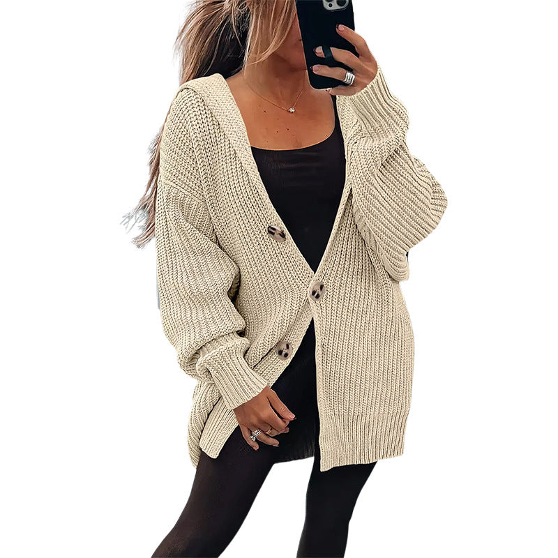 Damen Oversize Strickjacke Weiches Material Holzknöpfe Beige - Norvielle