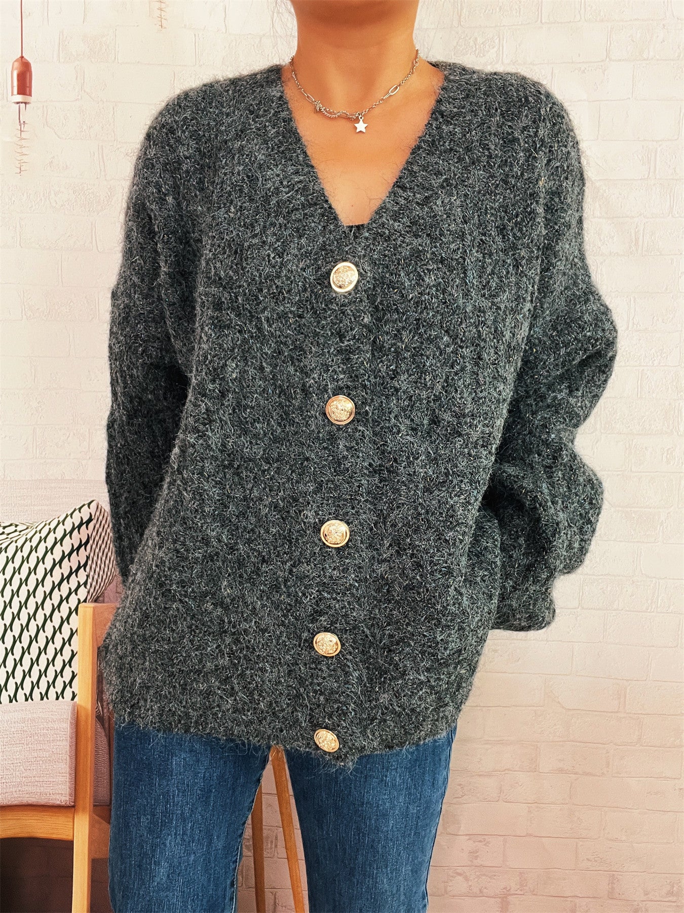 Damen Oversized Strickjacke Weiches Material Beige