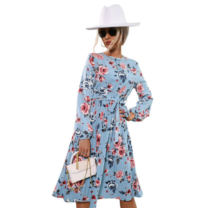 Damen Midi-Kleid Florales Muster Taillengürtel