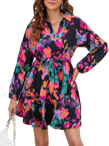 Damen Blusenkleid Floralmuster Bindegürtel Norvielle