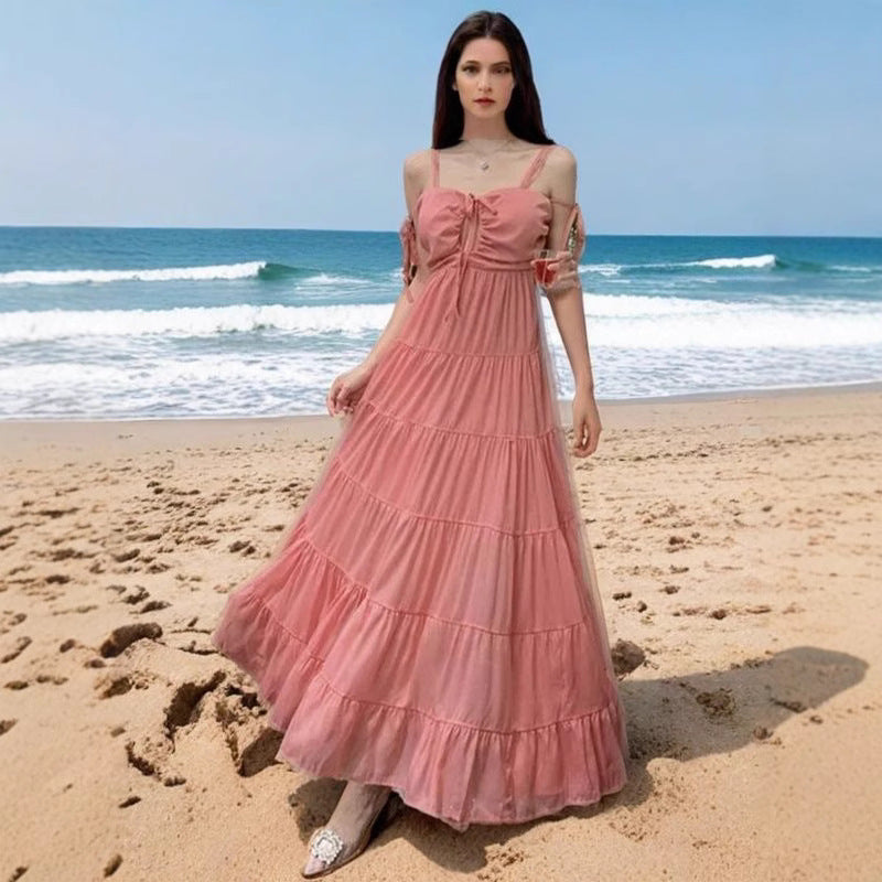 Damen Maxikleid Schulterfrei Rüschen Design Norvielle - Norvielle
