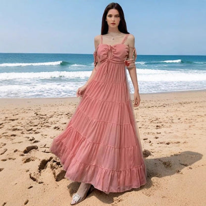 Damen Maxikleid Schulterfrei Rüschen Design Norvielle - Norvielle