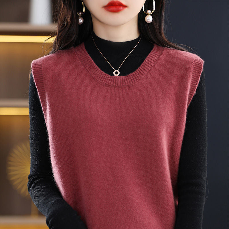 Damen Strickweste Leicht Rundhalsausschnitt Beige