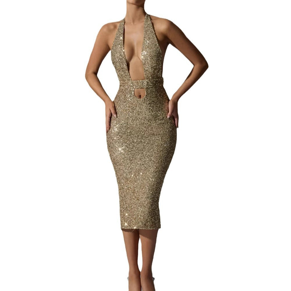 Damen Pailletten-Midi-Kleid V-Ausschnitt Figurbetonter Schnitt