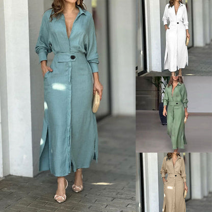Damen Maxikleid V-Ausschnitt Gürtel Elegantes Kleid