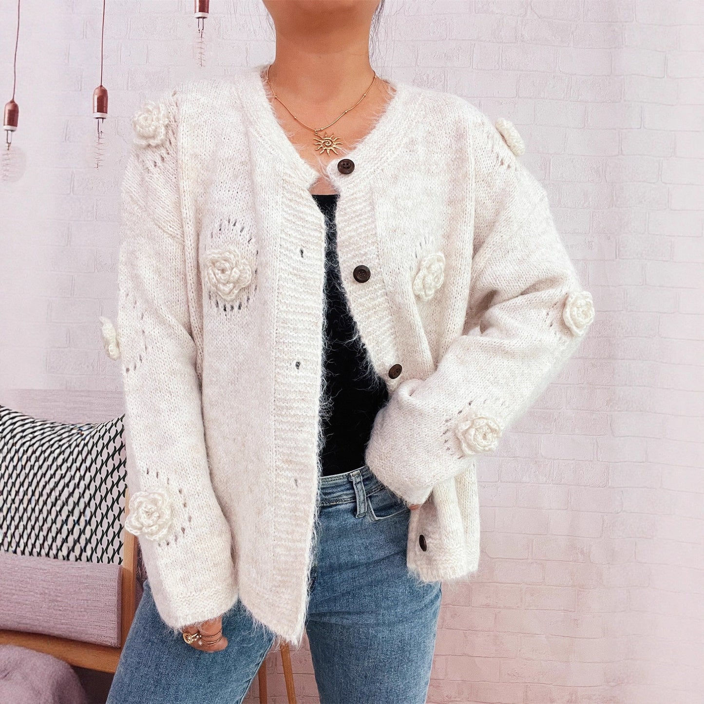 Damen Strickjacke mit Floralmuster und Knöpfen Norvielle