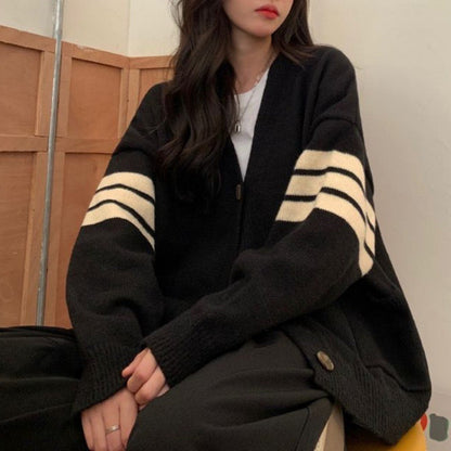 Damen Strickcardigan Lässig Mit Taschen Kontraststreifen - Norvielle