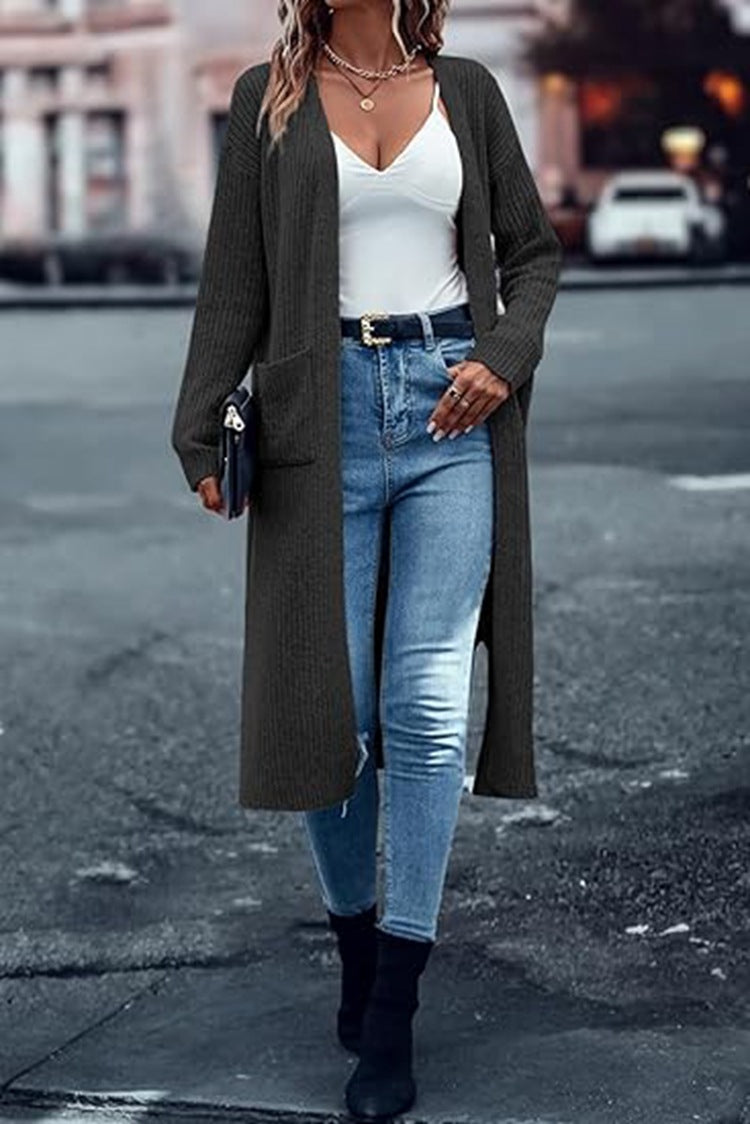 Damen Grobstrick-Cardigan Offene Taschen Lässiger Schnitt Norvielle