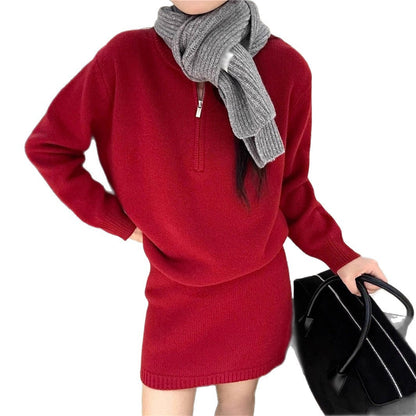Damen Strickpullover-Kleid mit hohem Kragen und Reißverschluss