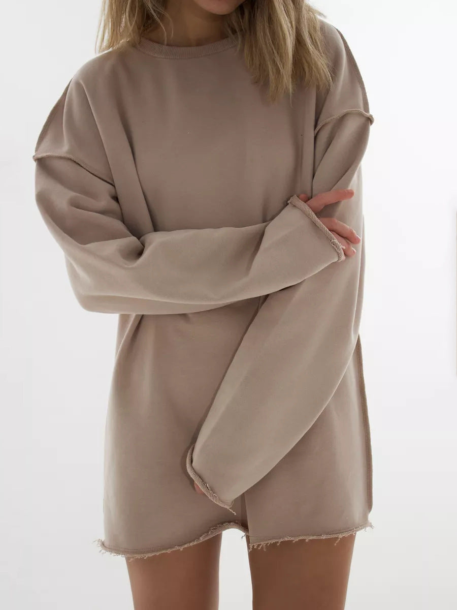 Damen Oversize-Pullover Lässig Französer Saum Beige