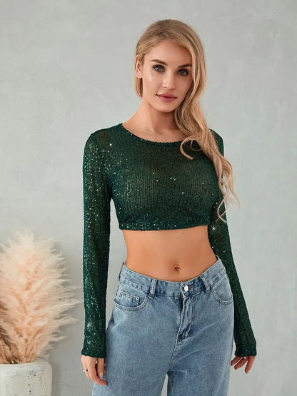 Damen Glitzerndes Crop- Langärmlig Figurbetont Norvielle