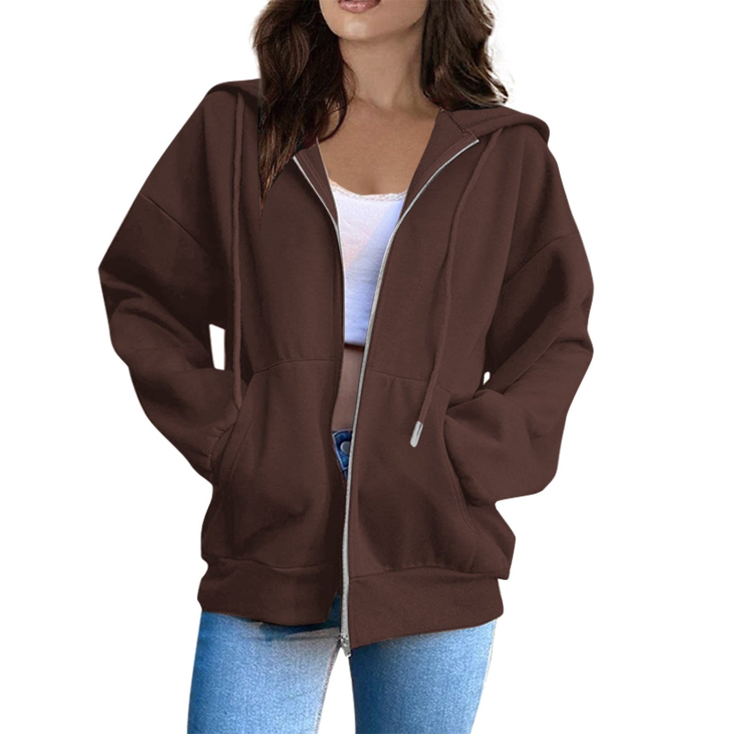 Damen Oversized Kapuzenjacke Mit Reißverschluss Und Taschen