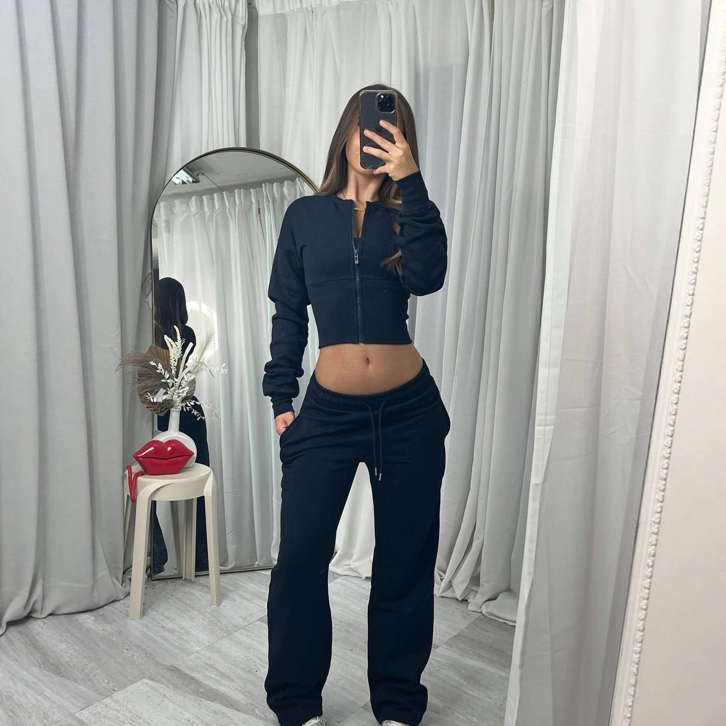 Damen Cropped Kapuzenjacke Jogginghose Set Norvielle