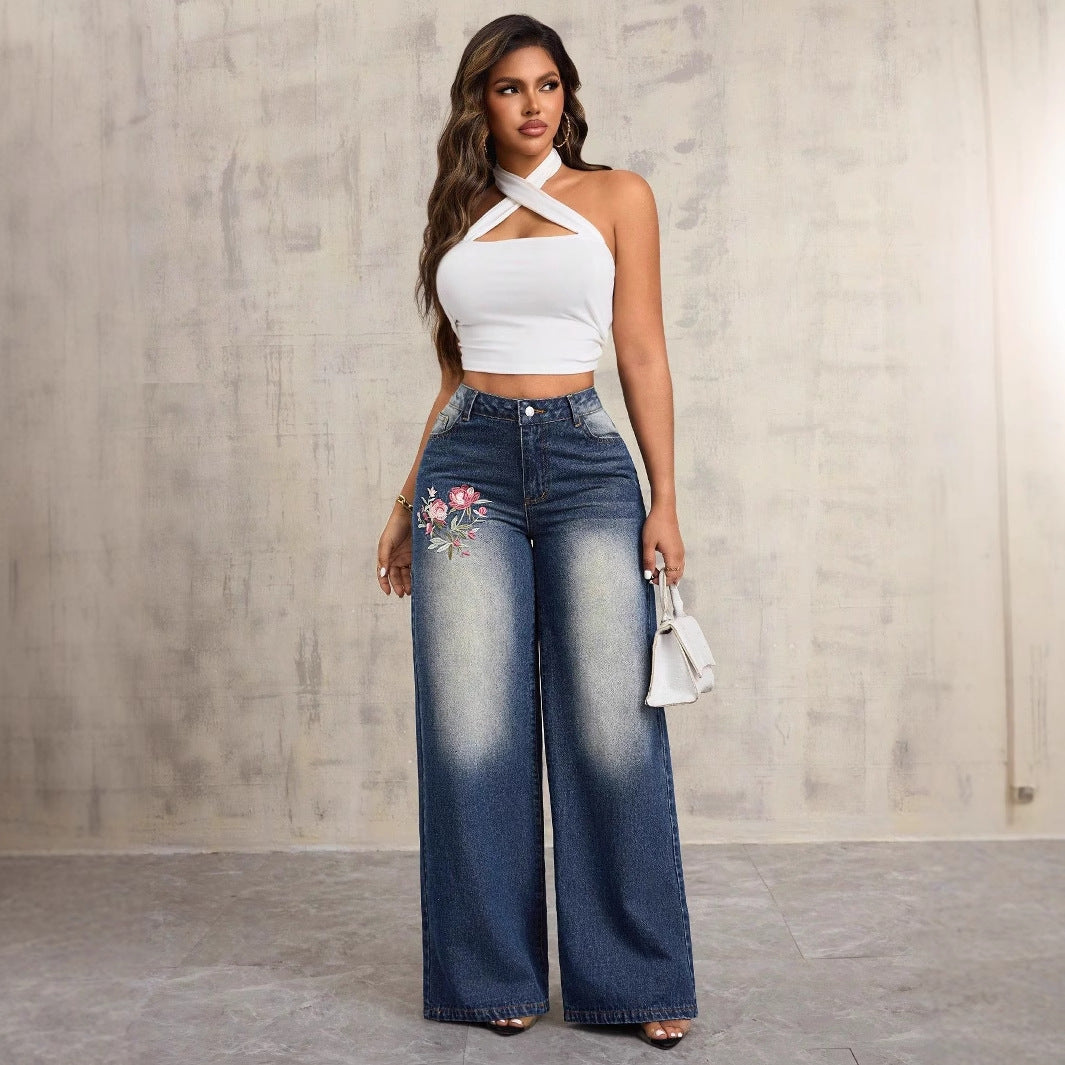 Damen Weite Jeans Blumenstickerei Norvielle