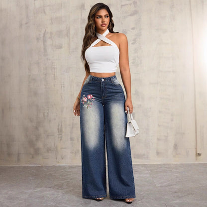 Damen Weite Jeans Blumenstickerei Norvielle