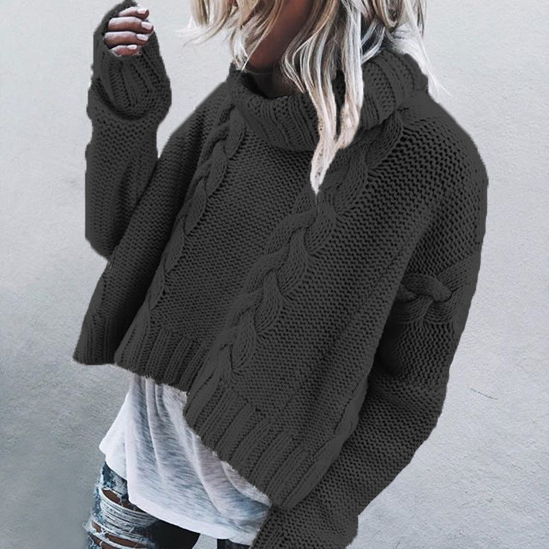 Damen Strickpullover Cropped Rollkragen Zopfmuster
