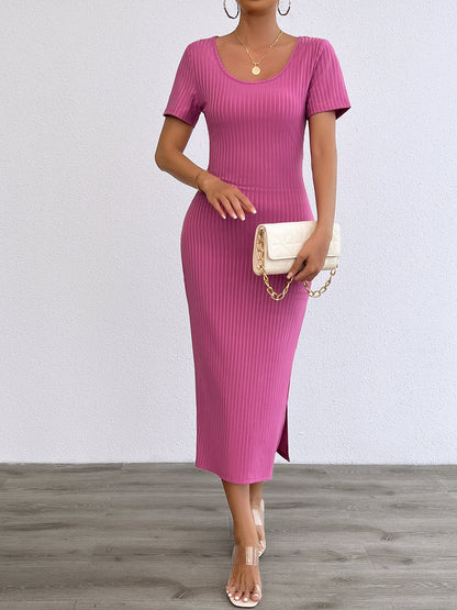 Damen Maxikleid Rippstrick Figurbetonend Kurzärmelig