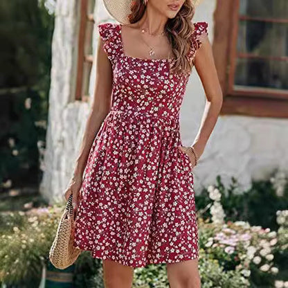 Damen Sommerkleid Rüschenärmel Schlitz dunkelblau