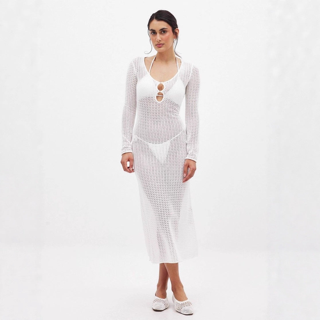 Damen Strickkleid Langärmlig Netzdesign