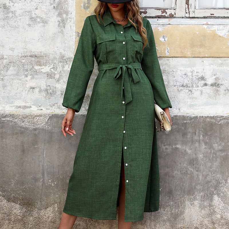 Damen Hemdblusenkleid Langarm Mit Bindegürtel Schlitz