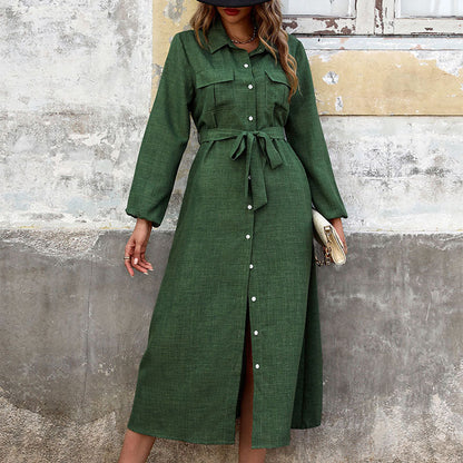 Damen Hemdblusenkleid Langarm Mit Bindegürtel Schlitz