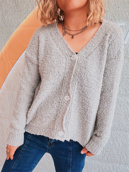 Damen Strickcardigan V-Ausschnitt Knöpfe Beige