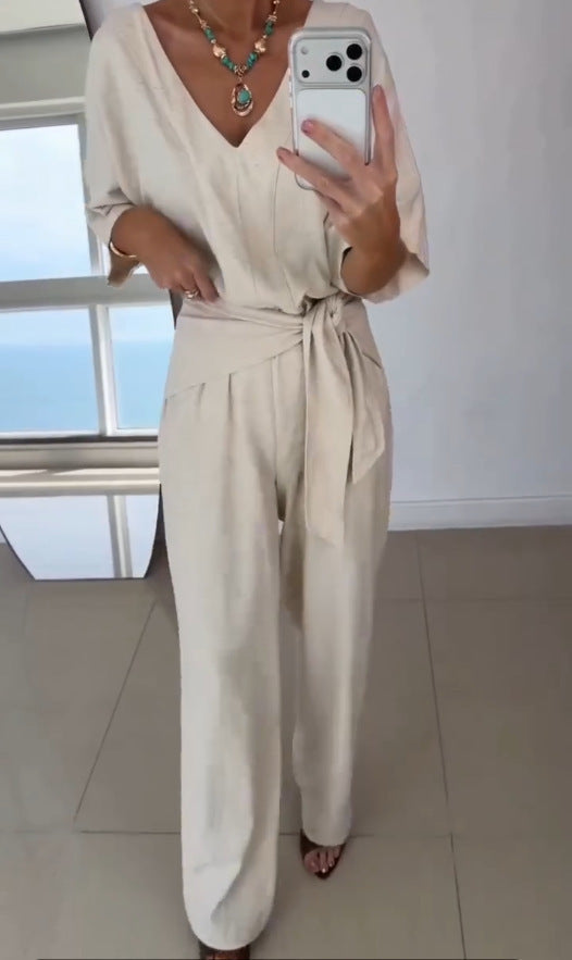 Damen Jumpsuit Tailliert Wickelgürtel Elegant