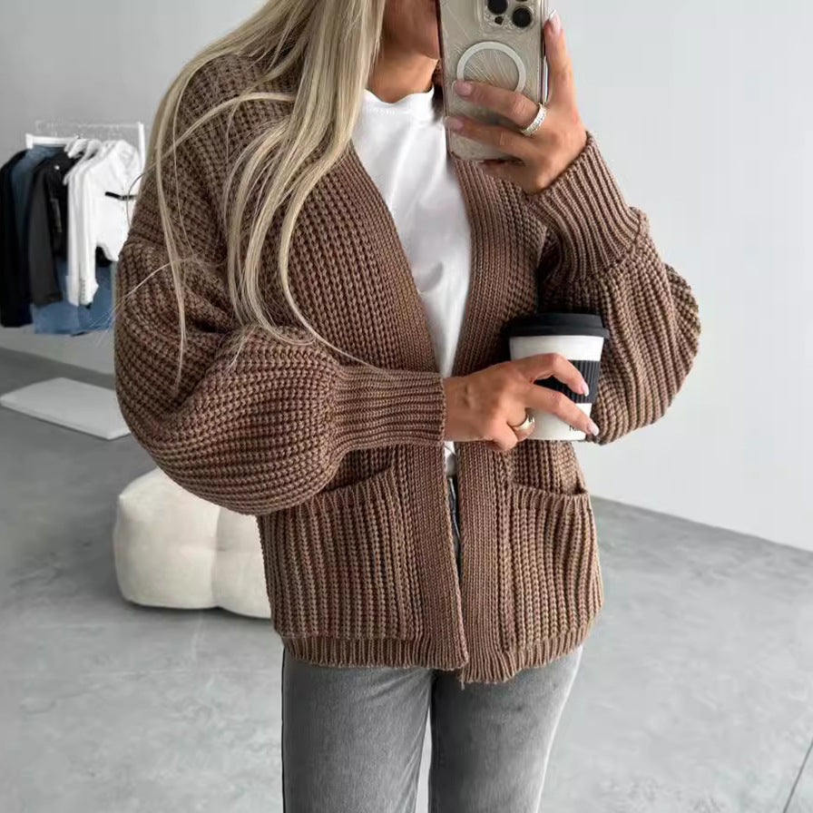 Damen Strickjacke Voluminöse Ärmel Taschen Norvielle - Norvielle