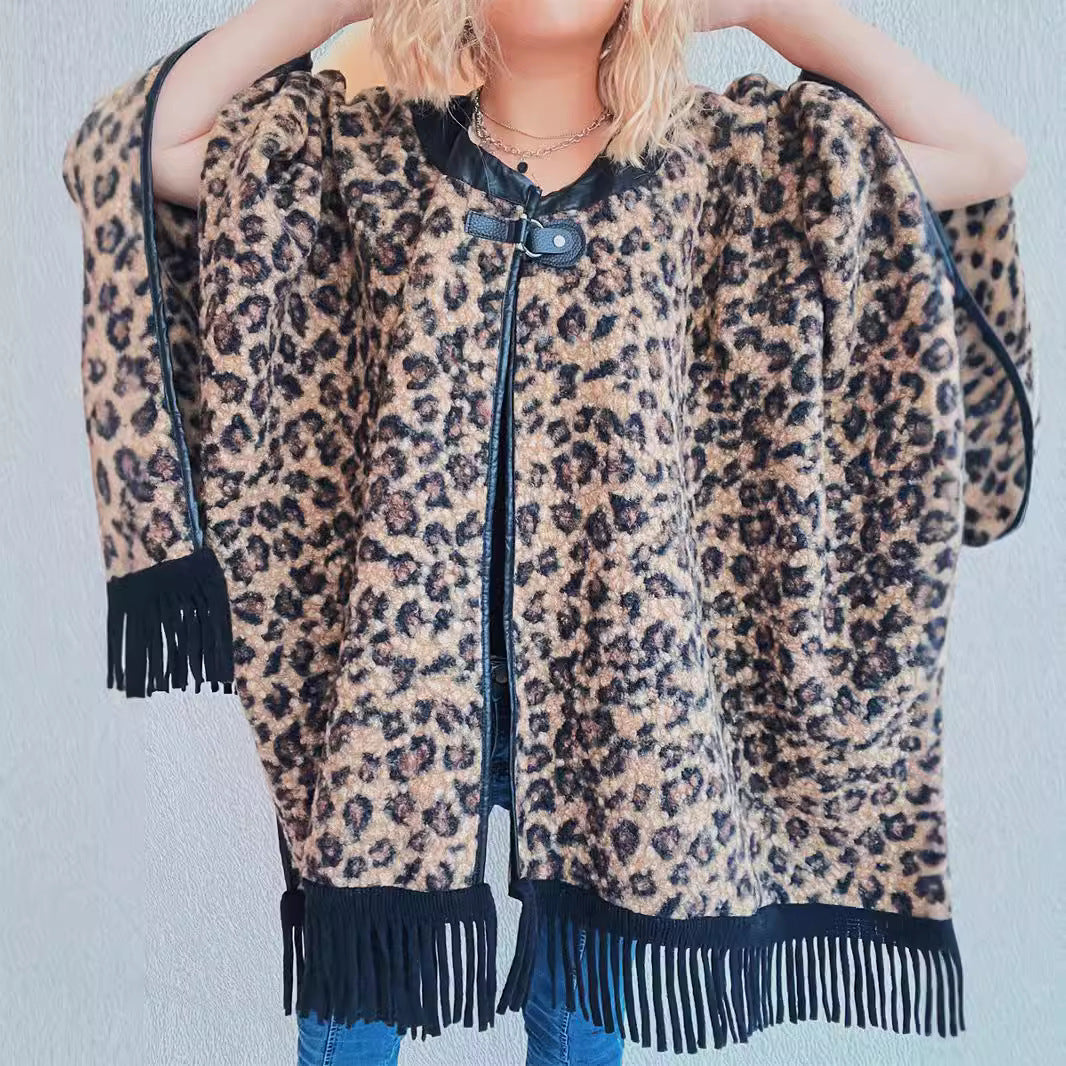 Damen Poncho mit Fransen Tierprint Norvielle