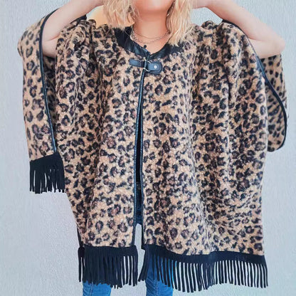 Damen Poncho mit Fransen Tierprint Norvielle